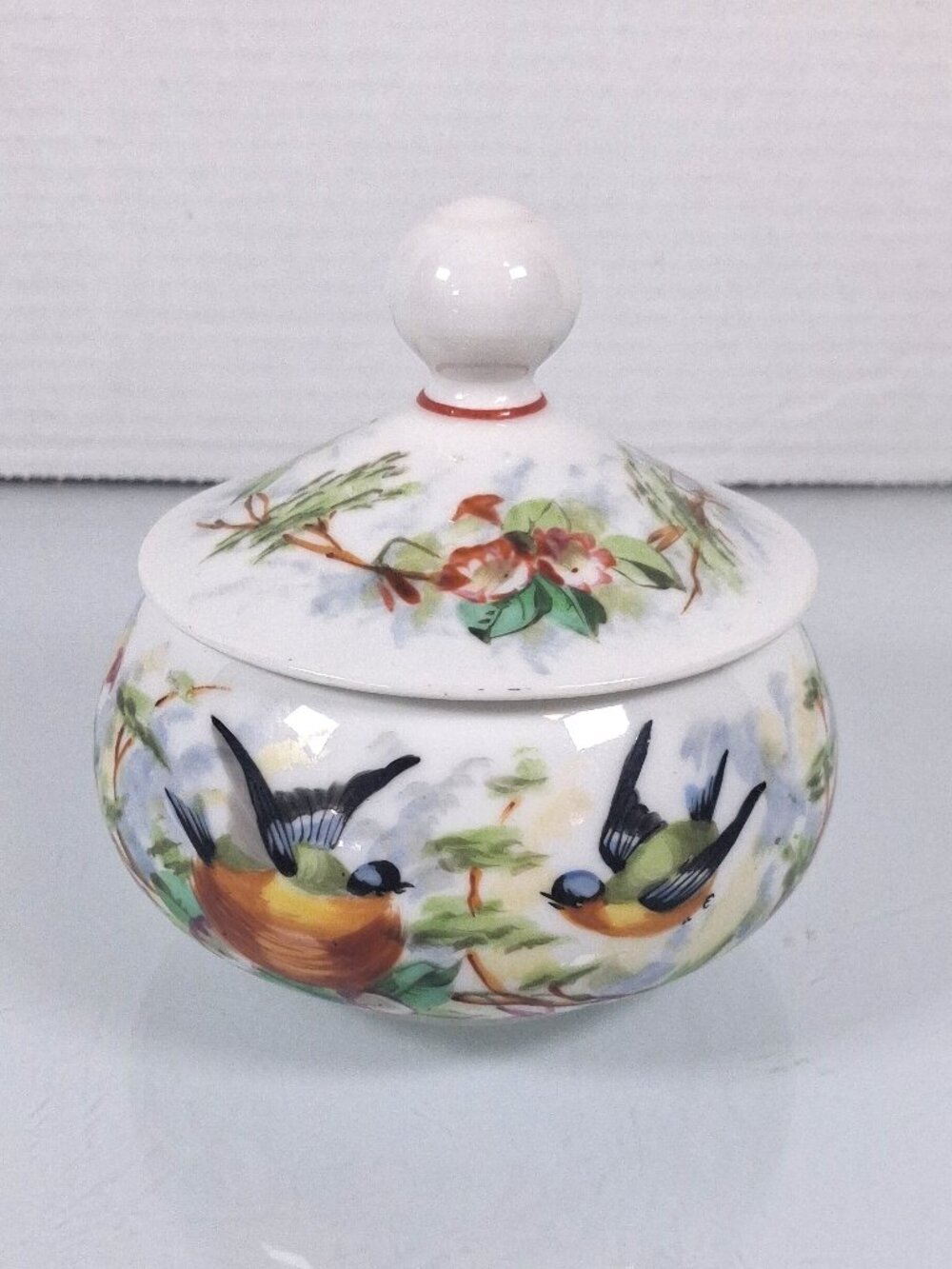 Vintage Floral Birds Trinket Dish With Lid Decorative Porcelain Hand Painted